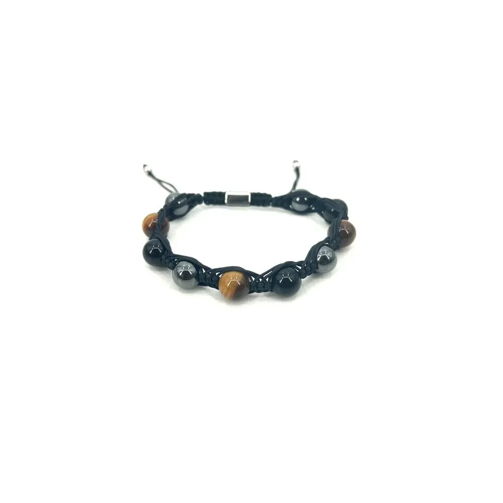 NEW! ENERACO Mens Tiger Eye Hematite Obsidian Beaded Macrame Bracelet Adjustable